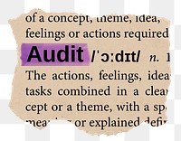 Audit png word sticker, torn paper dictionary, transparent background