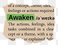 Awaken png word sticker, torn paper dictionary, transparent background