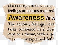 Awareness png word sticker, torn paper dictionary, transparent background