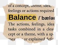 Balance png word sticker, torn paper dictionary, transparent background