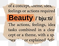 Beauty png word sticker, torn paper dictionary, transparent background