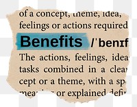 Benefits png word sticker, torn paper dictionary, transparent background