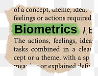 Biometrics png word sticker, torn paper dictionary, transparent background