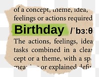 Birthday png word sticker, torn paper dictionary, transparent background