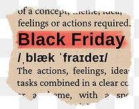 Black Friday png word sticker, torn paper dictionary, transparent background