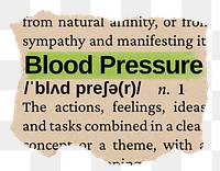 Blood pressure png word sticker, torn paper dictionary, transparent background