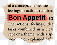 Bon Appetit png word sticker, torn paper dictionary, transparent background