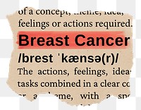 Breast cancer png word sticker, torn paper dictionary, transparent background