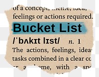 Bucket list png word sticker, torn paper dictionary, transparent background