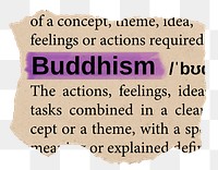 Buddhism png word sticker, torn paper dictionary, transparent background