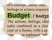 Budget png word sticker, torn paper dictionary, transparent background