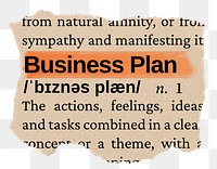 Business plan png word sticker, torn paper dictionary, transparent background