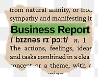 Business report png word sticker, torn paper dictionary, transparent background