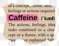 Caffeine png word sticker, torn paper dictionary, transparent background