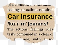 Car insurance png word sticker, torn paper dictionary, transparent background