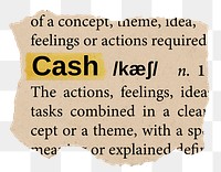 Cash png word sticker, torn paper dictionary, transparent background