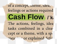 Cash flow png word sticker, torn paper dictionary, transparent background