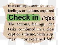 Check in png word sticker, torn paper dictionary, transparent background