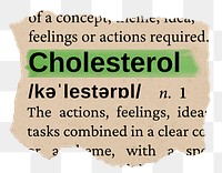 Cholesterol png word sticker, torn paper dictionary, transparent background
