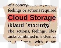 Cloud storage png word sticker, torn paper dictionary, transparent background