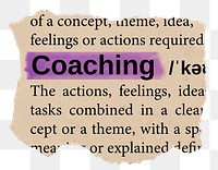 Coaching png word sticker, torn paper dictionary, transparent background