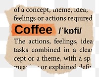 Coffee png word sticker, torn paper dictionary, transparent background