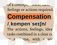 Compensation png word sticker, torn paper dictionary, transparent background