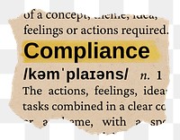 Compliance png word sticker, torn paper dictionary, transparent background