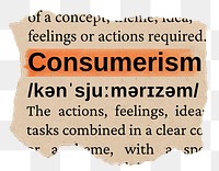 Consumerism png word sticker, torn paper dictionary, transparent background