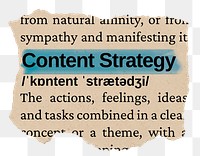 Content strategy png word sticker, torn paper dictionary, transparent background