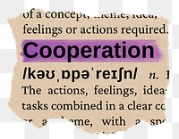 Cooperation png word sticker, torn paper dictionary, transparent background