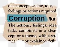 Corruption png word sticker, torn paper dictionary, transparent background