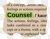 Counsel png word sticker, torn paper dictionary, transparent background