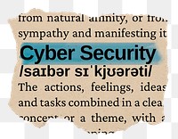 Cyber security png word sticker, torn paper dictionary, transparent background