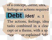 Debt png word sticker, torn paper dictionary, transparent background