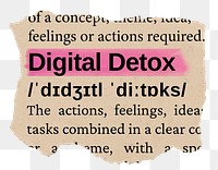 Digital detox png word sticker, torn paper dictionary, transparent background