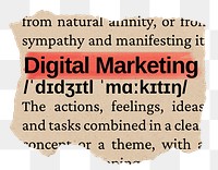 Digital marketing png word sticker, torn paper dictionary, transparent background