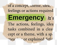 Emergency png word sticker, torn paper dictionary, transparent background