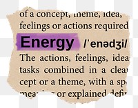 Energy png word sticker, torn paper dictionary, transparent background