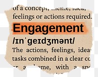 Engagement png word sticker, torn paper dictionary, transparent background