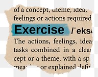 Exercise png word sticker, torn paper dictionary, transparent background