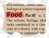 Food png word sticker, torn paper dictionary, transparent background