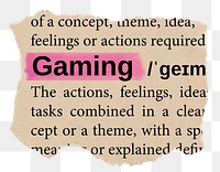 Gaming png word sticker, torn paper dictionary, transparent background