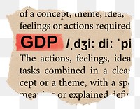 GDP png word sticker, torn paper dictionary, transparent background