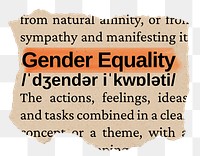 Gender equality png word sticker, torn paper dictionary, transparent background