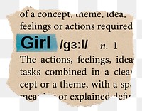 Girl png word sticker, torn paper dictionary, transparent background