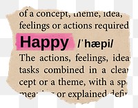 Happy png word sticker, torn paper dictionary, transparent background