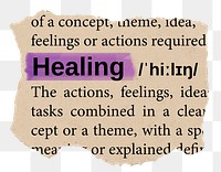 Healing png word sticker, torn paper dictionary, transparent background