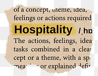 Hospitality png word sticker, torn paper dictionary, transparent background