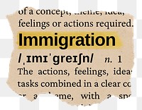 Immigration png word sticker, torn paper dictionary, transparent background